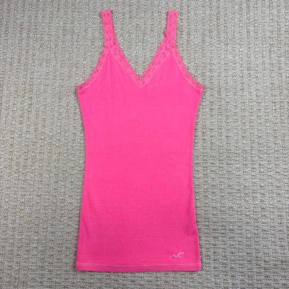 Y2K Hollister Lace Trim Cami Tank Top Womens M Pink Preppy 2000s Fitted Long